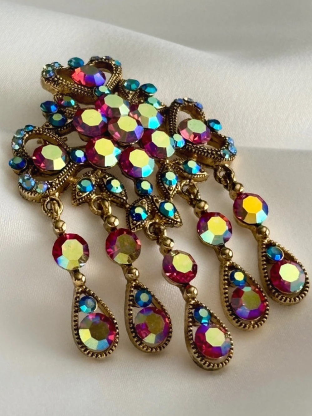 Aurora Crystal Drop Brooch - Pink Multicolor Rhinestone Accent